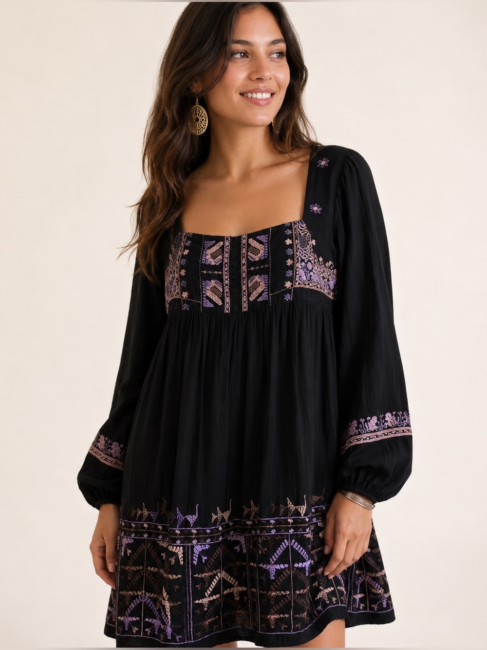 Free People Rhiannon Black Embroidered Boho Long Sleeve Mini Dress XS